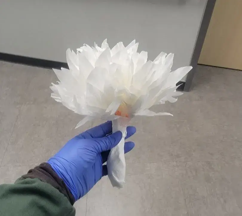 hospital wedding bouqet made from plastic spoons and coffee filters