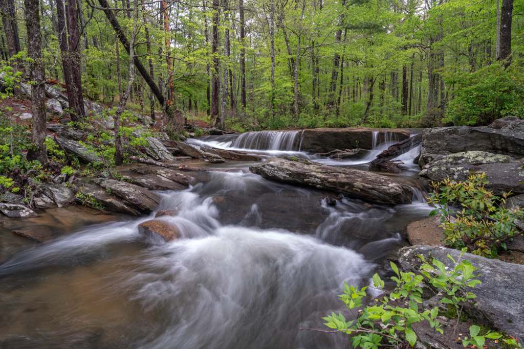 Cascading waters of Cheaha Falls flowing through a rocky forest trail in Cheaha State Park, Alabama