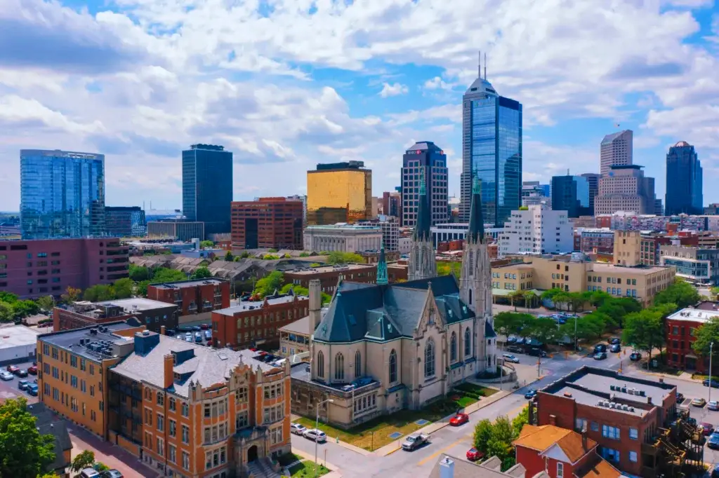 Indianapolis downtown skyline at sunset with city buildings and skyline view