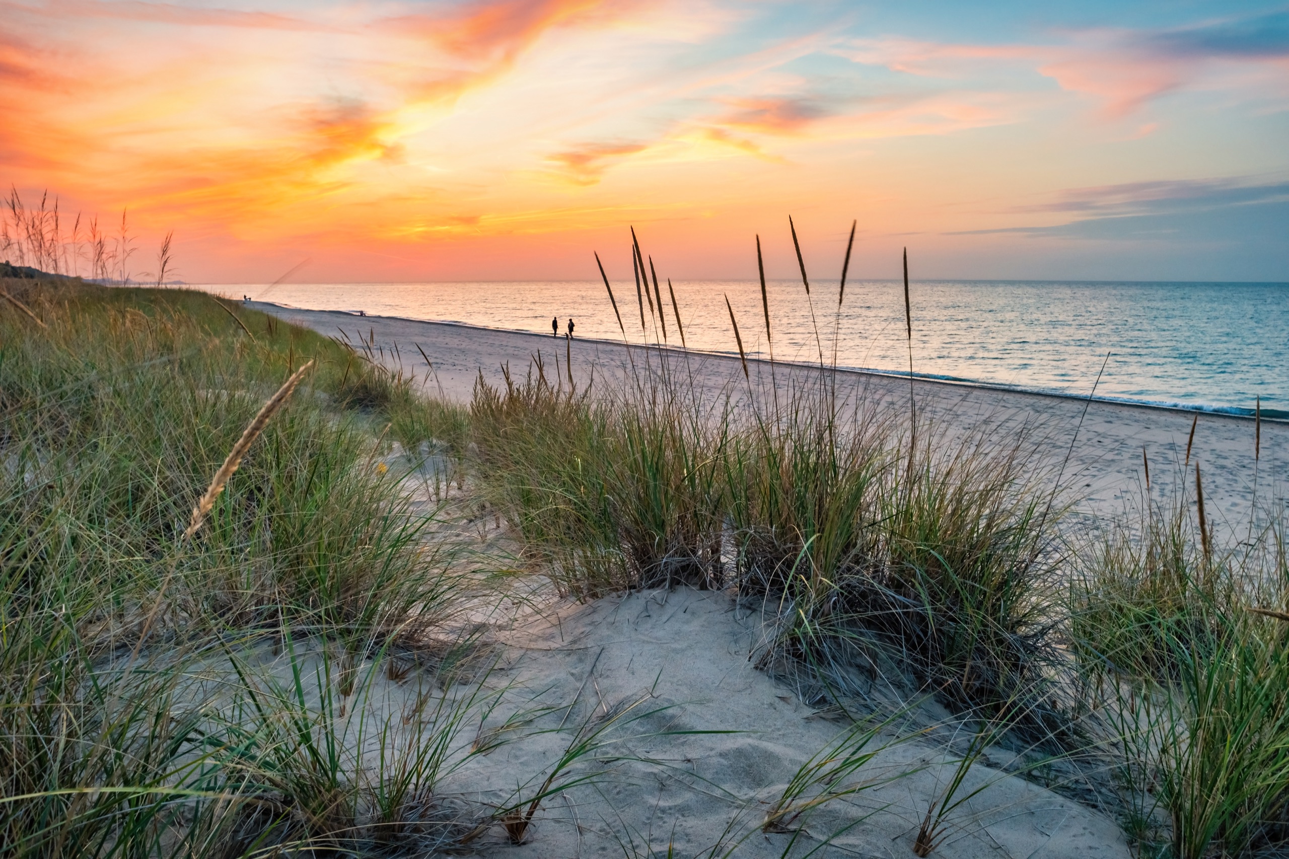 Sandy beach and dunes at Indiana Dunes National Park along Lake Michigan