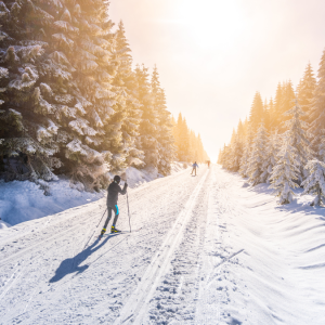 Daytime cross-country skiing on a snowy road during the Wisconsin winters. Daytime cross-country skiing in Wisconsin.