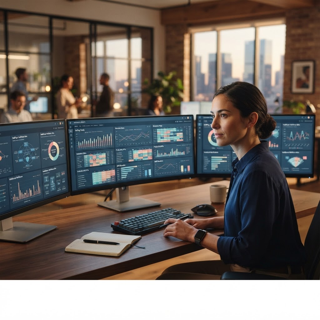 News & Insights Analyst reviewing workforce analytics dashboards on multiple screens
